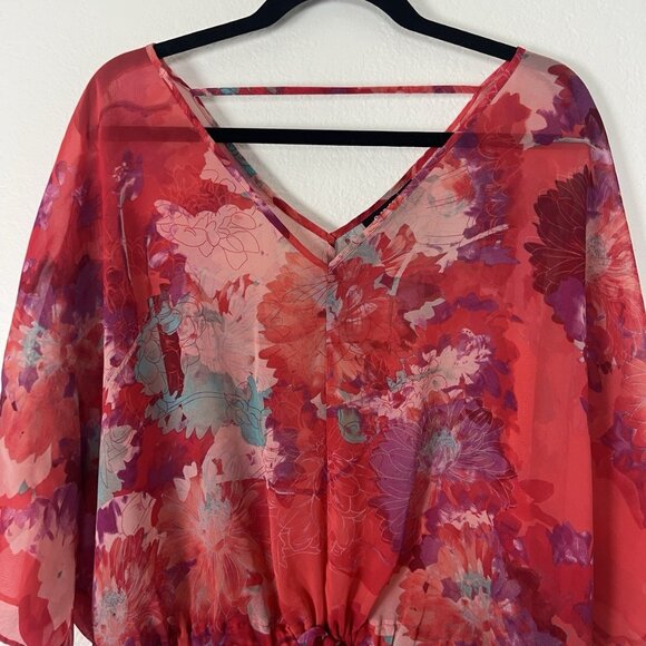 a.n.a Women Plus Size 2X Red Floral Flutter Chiffon Waist Tie V- Neck Blouse Top - Picture 7 of 11
